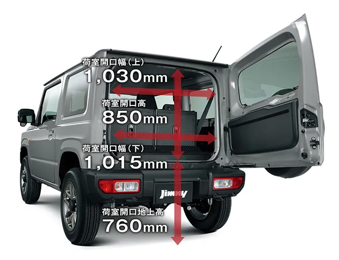 ジムニーの荷室の画像、荷室開口幅（上）1,030mm、荷室開口高850mm、荷室開口幅（下）1,015mm、荷室開口地上高760mm